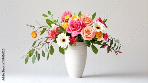 Valentine's Day flower arrangement with a mix of colorful roses, daisies, and greenery in a decorative vase