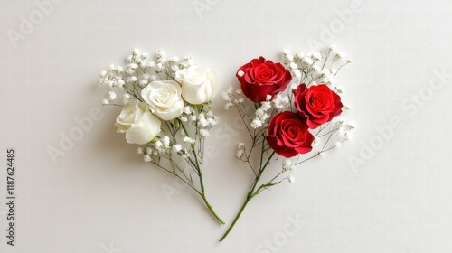Valentine's Day flowers in a romantic heart-shaped arrangement with roses and baby's breath