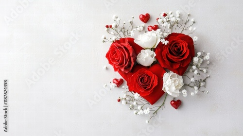 Valentine's Day flowers in a romantic heart-shaped arrangement with roses and baby's breath