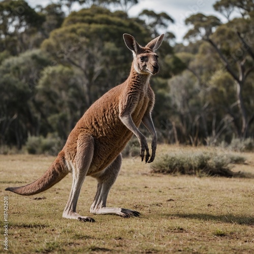 A kangaroo mid-hop, captured in motion with a white background. photo