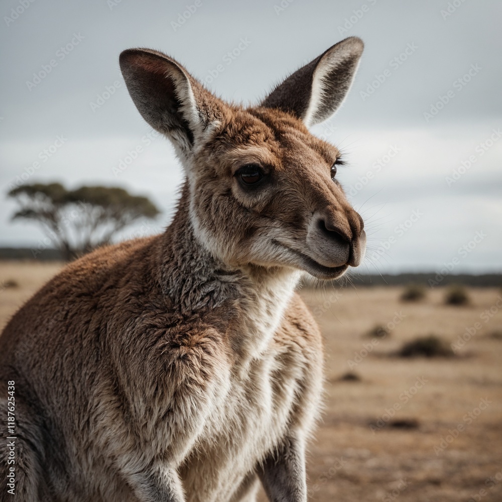 A kangaroo looking towards the horizon, with a clean white backdrop. A kangaroo looking towards the horizon, with a clean white backdrop.