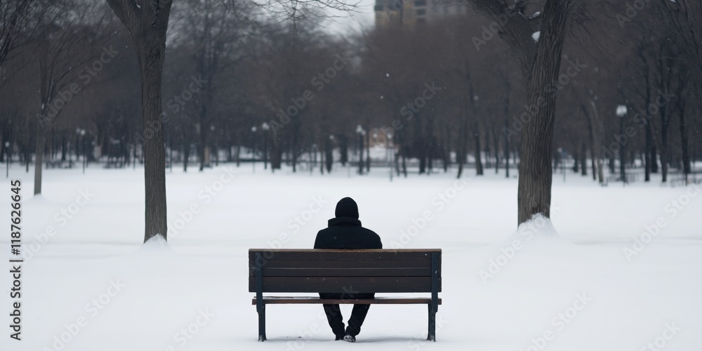 A solitary figure clad in dark clothing sits alone on a snowy park bench, evoking feelings of isolation and contemplation amidst a tranquil winter landscape. A solitary figure clad in dark clothing sits alone on a snowy park bench, evoking feelings of isolation and contemplation amidst a tranquil winter landscape.