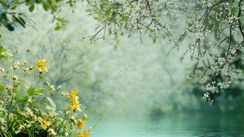 A serene and picturesque landscape featuring a tranquil body of water surrounded by lush greenery, blooming flowers, and overhanging branches, creating a peaceful natural setting.