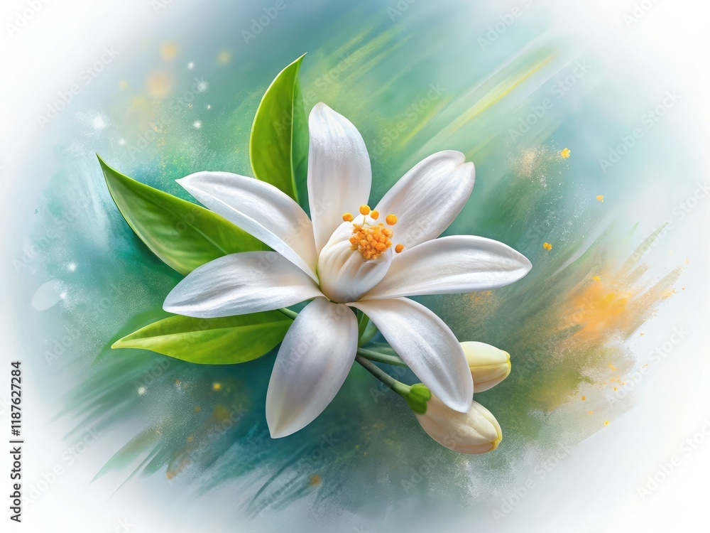 Fototapeta premium Long Exposure Neroli Watercolor Flower, White, Isolated