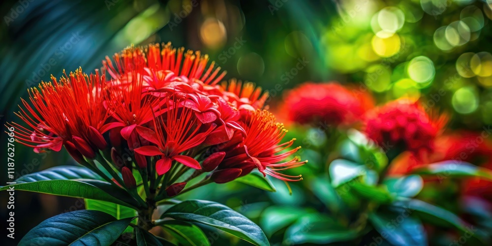 Long Exposure Red Tropical Flowers, Dark Green Floral Background, AI Photo Long Exposure Red Tropical Flowers, Dark Green Floral Background, AI Photo