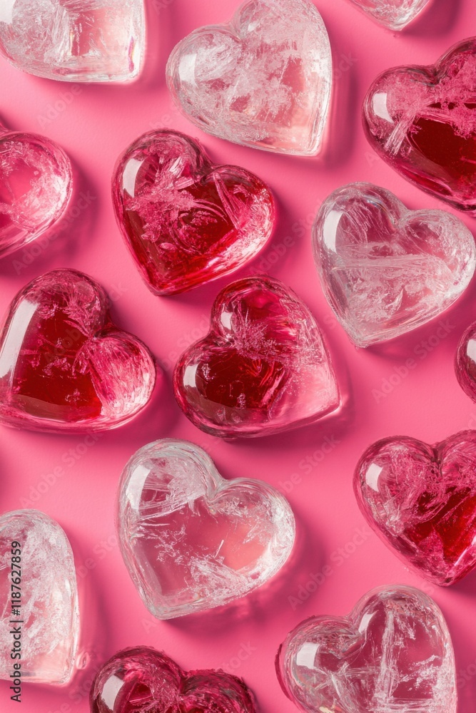Fototapeta premium Heart-shaped ice cubes arranged on a bright pink surface create a festive and romantic atmosphere for celebrations or special occasions