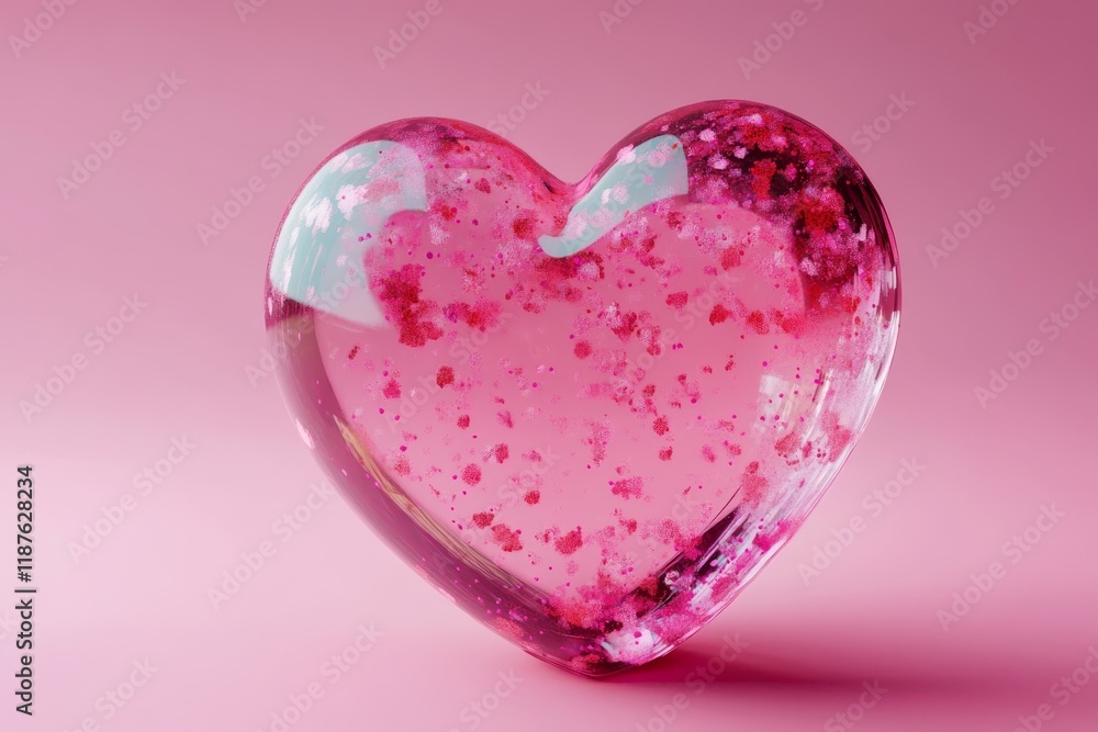 Pink heart-shaped glass object with embedded red petals on soft pink background