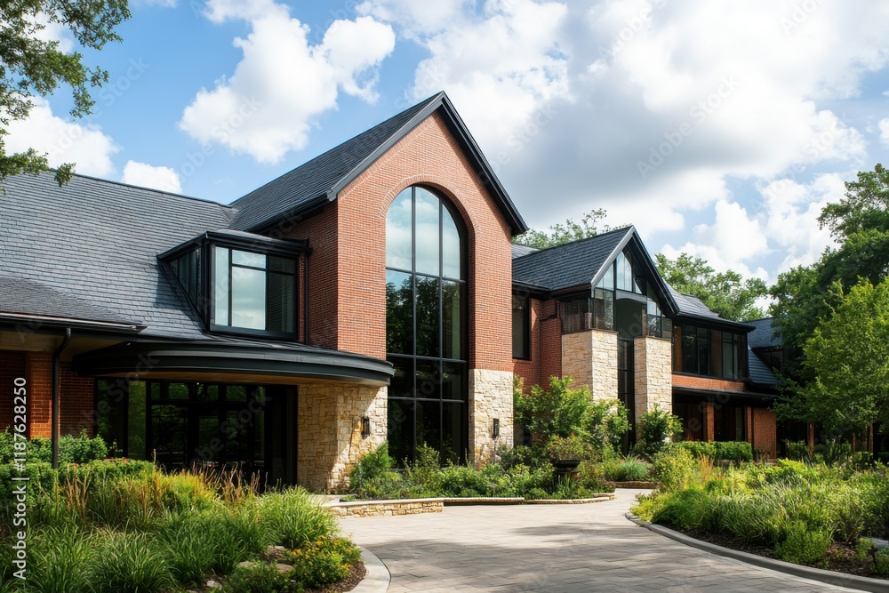 Stunning modern residence featuring a blend of stone and brick with expansive windows surrounded by lush greenery on a sunny day Stunning modern residence featuring a blend of stone and brick with expansive windows surrounded by lush greenery on a sunny day
