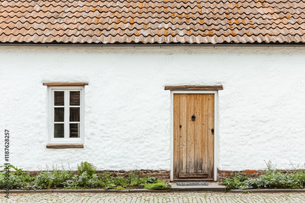 Charming rustic house showcasing a white facade with wooden door and window, surrounded by greenery in a serene setting during daylight Charming rustic house showcasing a white facade with wooden door and window, surrounded by greenery in a serene setting during daylight
