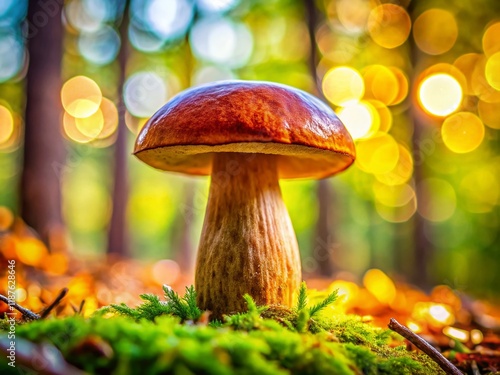 Bay Bolete Mushroom Close-Up with Swirling Bokeh - Forest Floor Fungi Photography photo