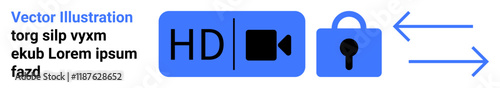 HD video icon, padlock, bidirectional arrows symbolizing secured streaming, data transfer. Ideal for video streaming, cybersecurity, content protection, online privacy, internet security, multimedia