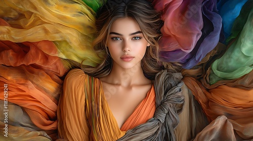 Artistic fashion portrait reclining model multicolored fabric cocoon overhead composition ethereal mood Ultra-Realistic, Photo Realistic, highly detailed, 