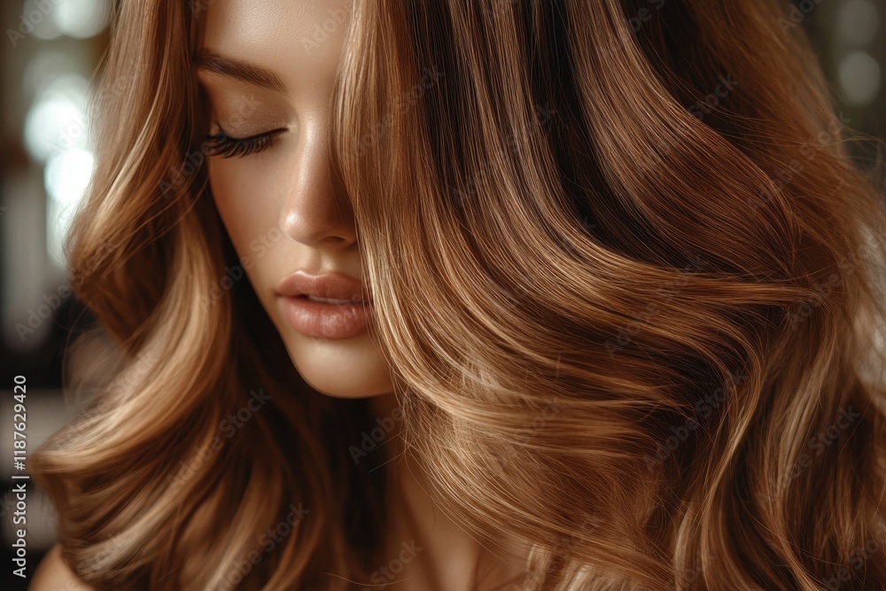 Close-up of chestnut hair with golden highlights and salon tools Close-up of chestnut hair with golden highlights and salon tools