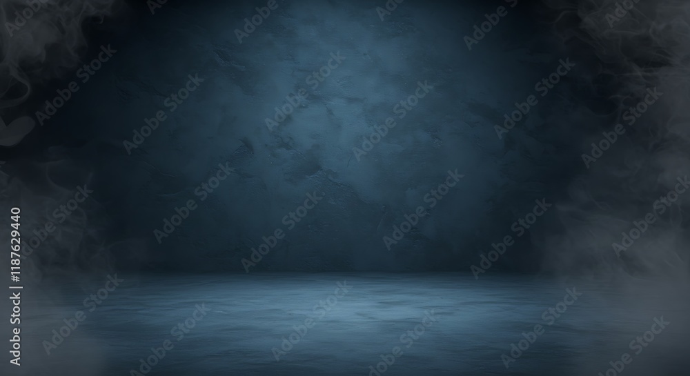 An empty dark blue abstract cement wall in a studio room with smoke floating up, showcasing textured interiors, ideal for product display and modern visual setups An empty dark blue abstract cement wall in a studio room with smoke floating up, showcasing textured interiors, ideal for product display and modern visual setups