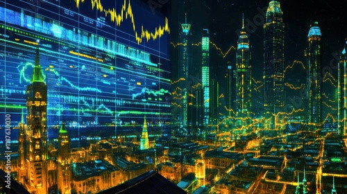 Futuristic city skyline overlaid with financial data graphs. photo