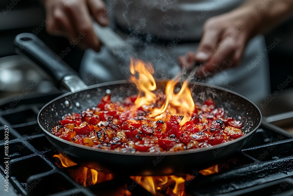 Flaming Saut?ed Peppers and Onions in a Pan Flaming Saut?ed Peppers and Onions in a Pan