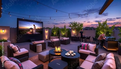 Luxurious Rooftop Terrace Evening Movie Night Setup