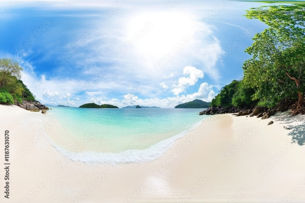 Fototapeta premium Serene tropical beach with clear waters and vibrant sky on a bright sunny day