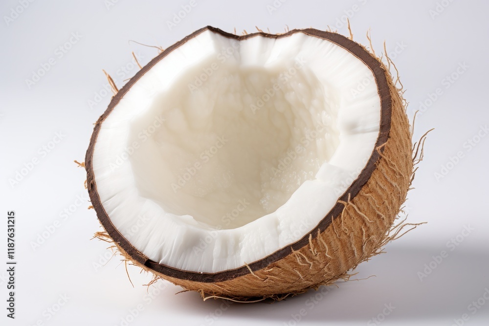 Fresh coconut half showing white flesh and brown shell on plain background Fresh coconut half showing white flesh and brown shell on plain background