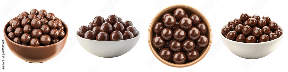Chocolate malt ball in a bowl isolated on transparent background, Set of Chocolate malt ball in a bowl isolated on transparent background, Set of