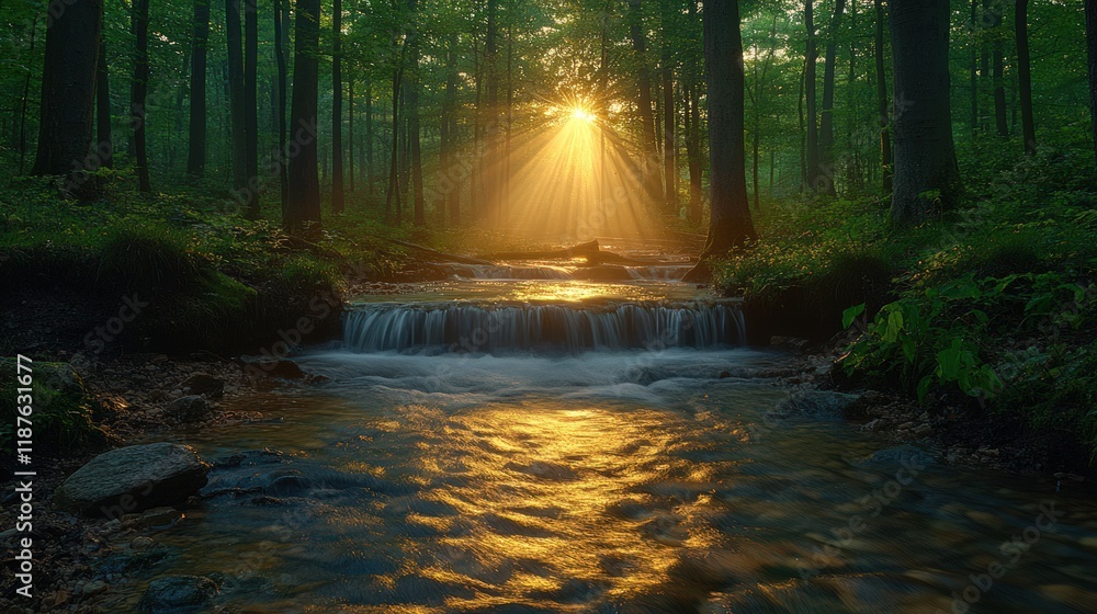Fototapeta premium Sunbeams illuminate a tranquil forest stream cascading over mossy rocks.