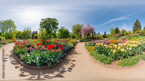 Fototapeta Naklejka Na Ścianę i Meble -  Beautiful spring flower garden with vibrant tulips and colorful blossoms in a sunny park