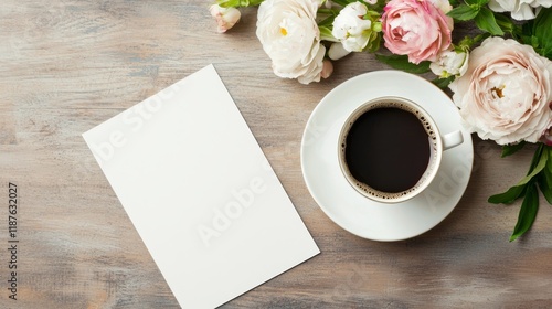 Handwritten Foreword on Blank Paper with Coffee Cup and Pink Flowers Arrangement photo