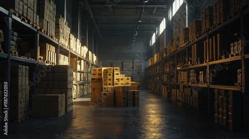 Firearms in metal and wooden crates are stored in a shadowy warehouse, illustrating illegal weapon smuggling. The imagery conveys themes of war, industry, violence, and security photo