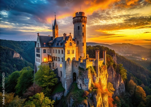 Low Light Lichtenstein Castle Hillside AI Photo, Dramatic Landscape photo