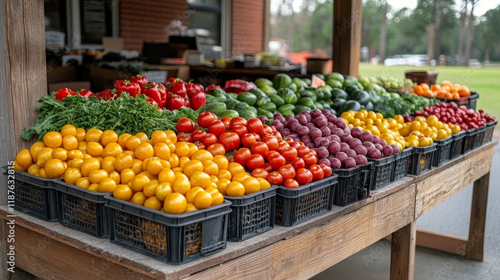 Farmers market vegetables display with fresh tomatoes, peppers, and plums Farmers market vegetables display with fresh tomatoes, peppers, and plums
