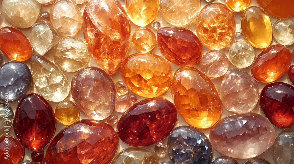 A mosaic of colorful sunstone cabochons, their warm golden hues reminiscent of the sun's rays. Sunstone. Illustration A mosaic of colorful sunstone cabochons, their warm golden hues reminiscent of the sun's rays. Sunstone. Illustration