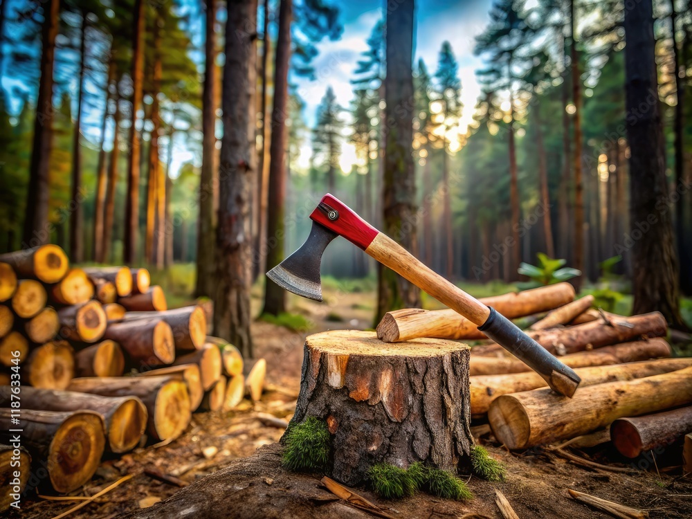 Lumberjack Axe and Logs in Forest - Detailed Photorealistic AI Art Lumberjack Axe and Logs in Forest - Detailed Photorealistic AI Art