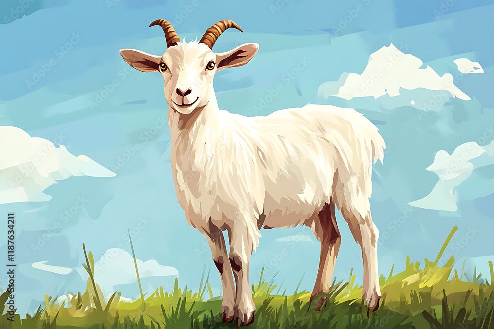 Obraz premium A cheerful white goat standing in a grassy field under a blue sky with fluffy clouds.