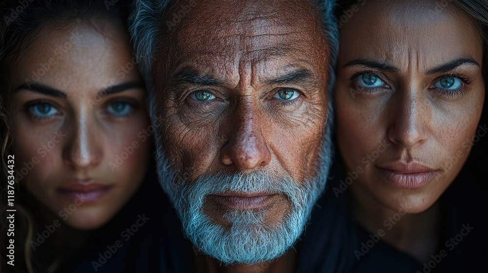 Three individuals of diverse age and gender closely united in an intimate portrait, showcasing intense gazes and a sense of connection through their expressions. Three individuals of diverse age and gender closely united in an intimate portrait, showcasing intense gazes and a sense of connection through their expressions.