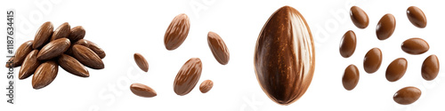 Chocolate covered almonds isolated on transparent background, Set of photo