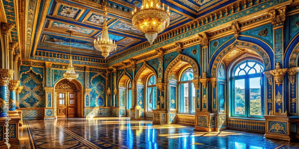 Obraz premium Luxurious Blue and Gold Palace Interior, Royal Ambiance, Copy Space