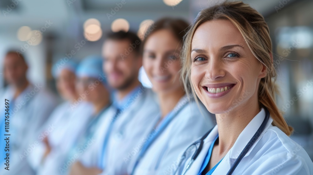 A group of medical professionals smiling while standing together in a hospital corridor, showcasing teamwork and a positive healthcare environment A group of medical professionals smiling while standing together in a hospital corridor, showcasing teamwork and a positive healthcare environment