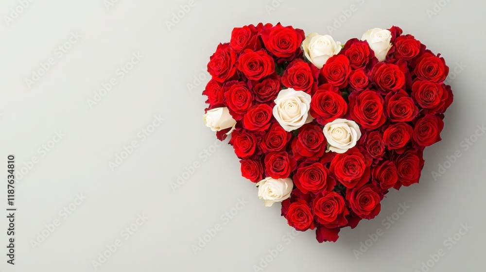 Heart-Shaped Arrangement of Red and White Roses on Gray Background Heart-Shaped Arrangement of Red and White Roses on Gray Background