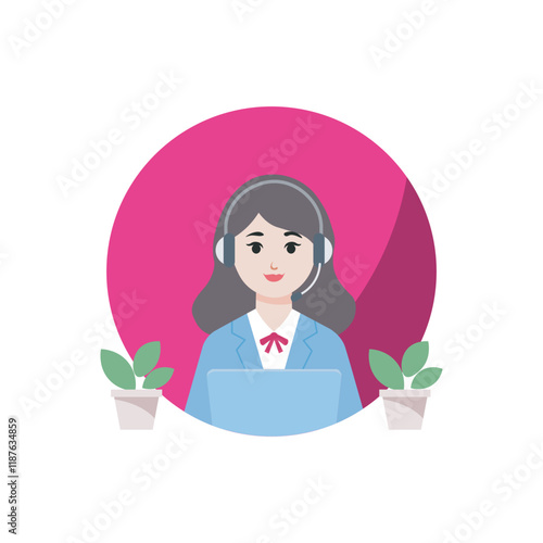 Call Center Woman Vector Illustration, Flat Design Character