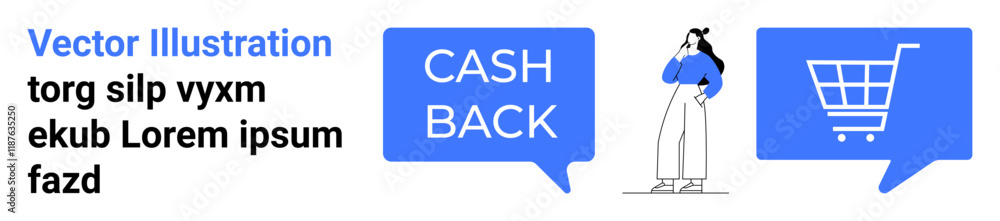 Cash back speech bubble, shopping cart symbol, female shopper with bag, blue and white colors, modern design. Ideal for e-commerce, promotions, online shopping, customer loyalty, digital marketing Cash back speech bubble, shopping cart symbol, female shopper with bag, blue and white colors, modern design. Ideal for e-commerce, promotions, online shopping, customer loyalty, digital marketing