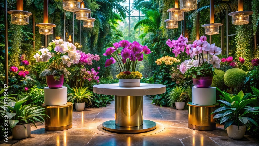 Fototapeta premium Luxurious Orchid Display, Indoor Photography, Pedestal