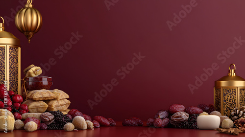 Festive Eid Al-Fitr arrangement of sweets, dates, and lanterns on a rich maroon background.	 photo