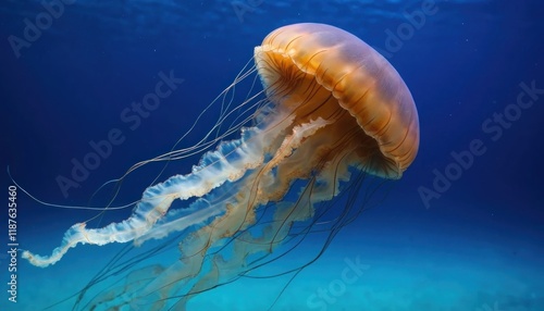 A vibrant jellyfish gracefully swims in a blue underwater environment. photo