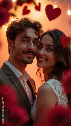 Romantic Couple Embracing with Hearts and Roses on Valentines Day Celebrating Love