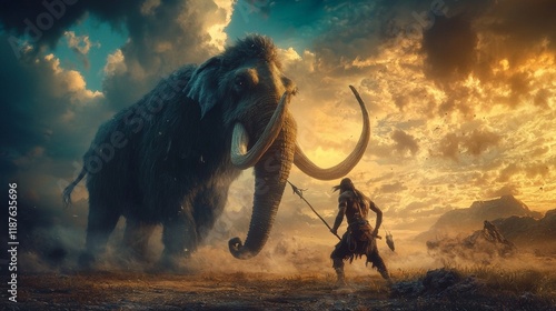 In the prehistoric era, a Neanderthal man holding a spear faces a woolly mammoth, illustrating the concept of cavemen, ancient people, and epic fights during the Stone Age photo