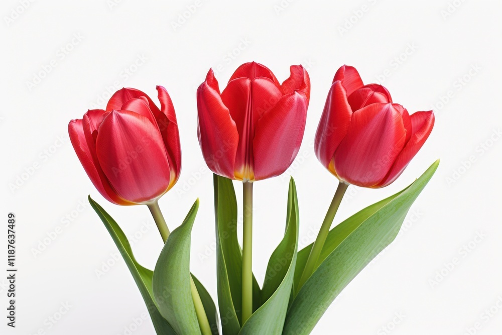 Bright red tulips arranged elegantly in a simple display against a white background for spring decor Bright red tulips arranged elegantly in a simple display against a white background for spring decor