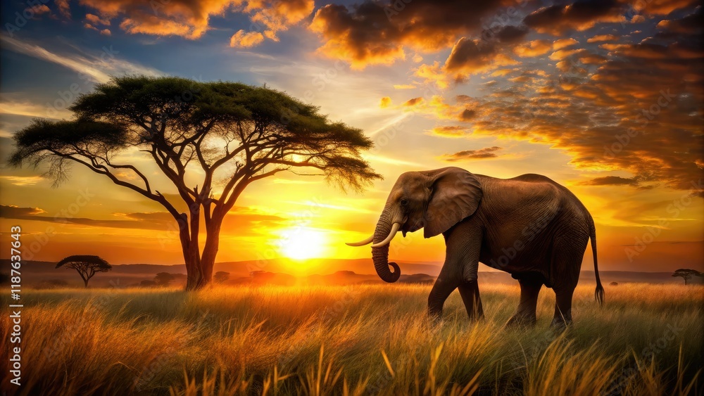 Naklejka premium Majestic Elephant Silhouette in African Savanna