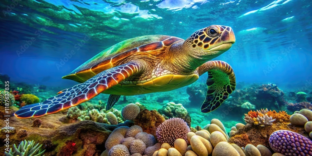 Majestic Green Turtle in Coral Reefs - AI Photo Majestic Green Turtle in Coral Reefs - AI Photo