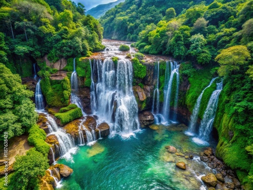 Majestic Waterfall Cascade in Lush Jungle - Aerial Macro