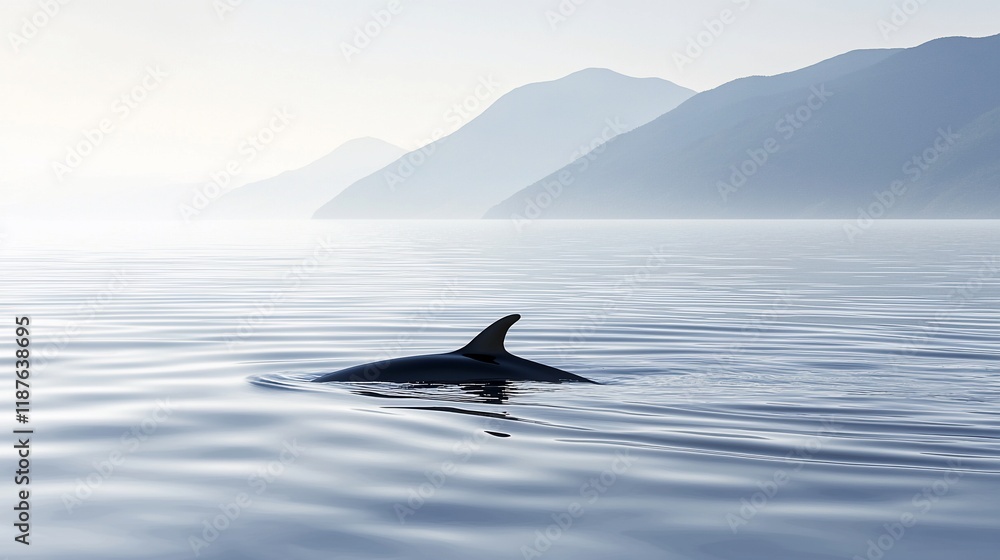 Fototapeta premium Orca fin in calm ocean with distant mountains.